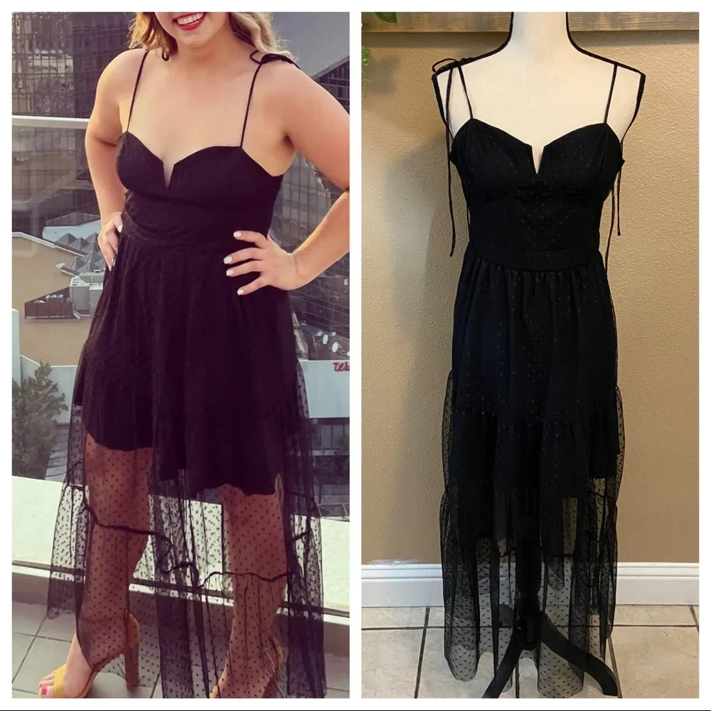 NWOT Lulus Romantic Spot Black Polka Dot Mesh Tiered Midi Dress - Picture 6 of 15